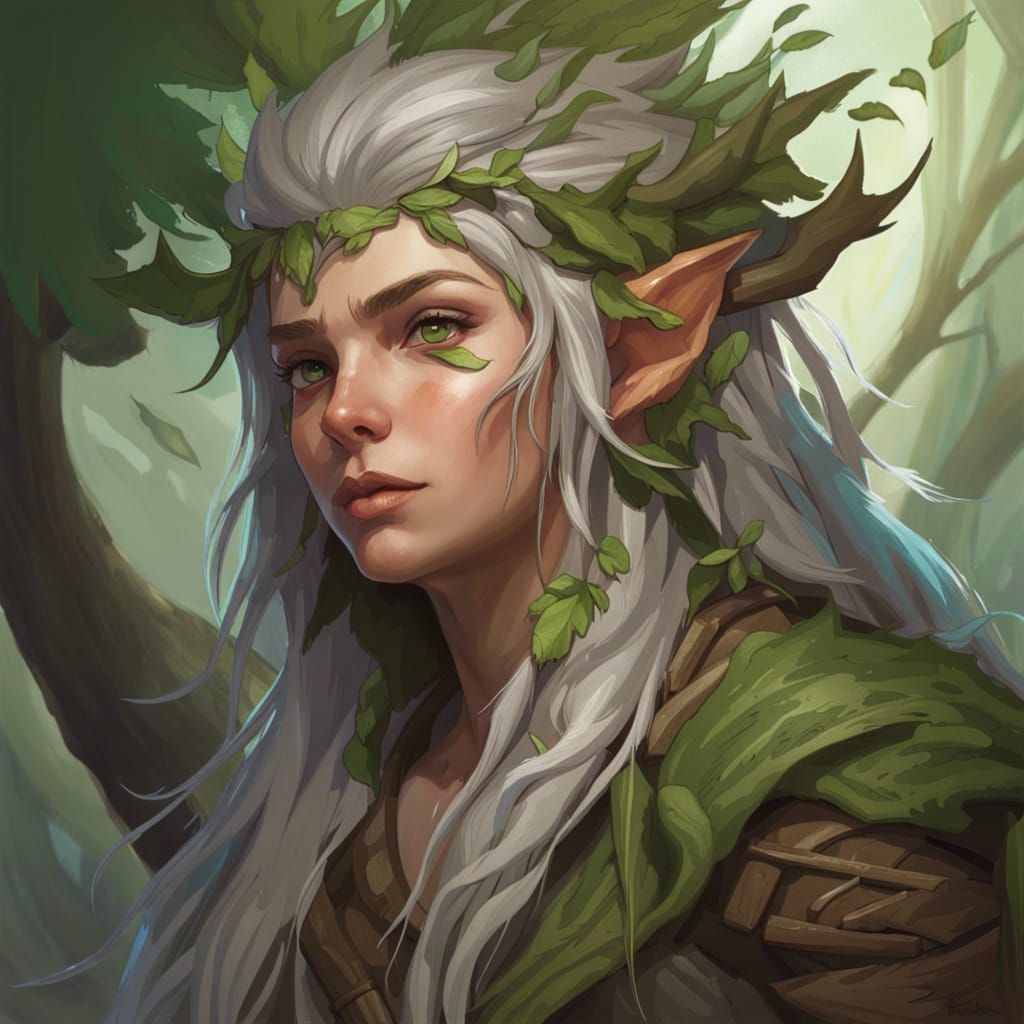 wood elf druid with messy ash colored hair and green highlights, dnd ...