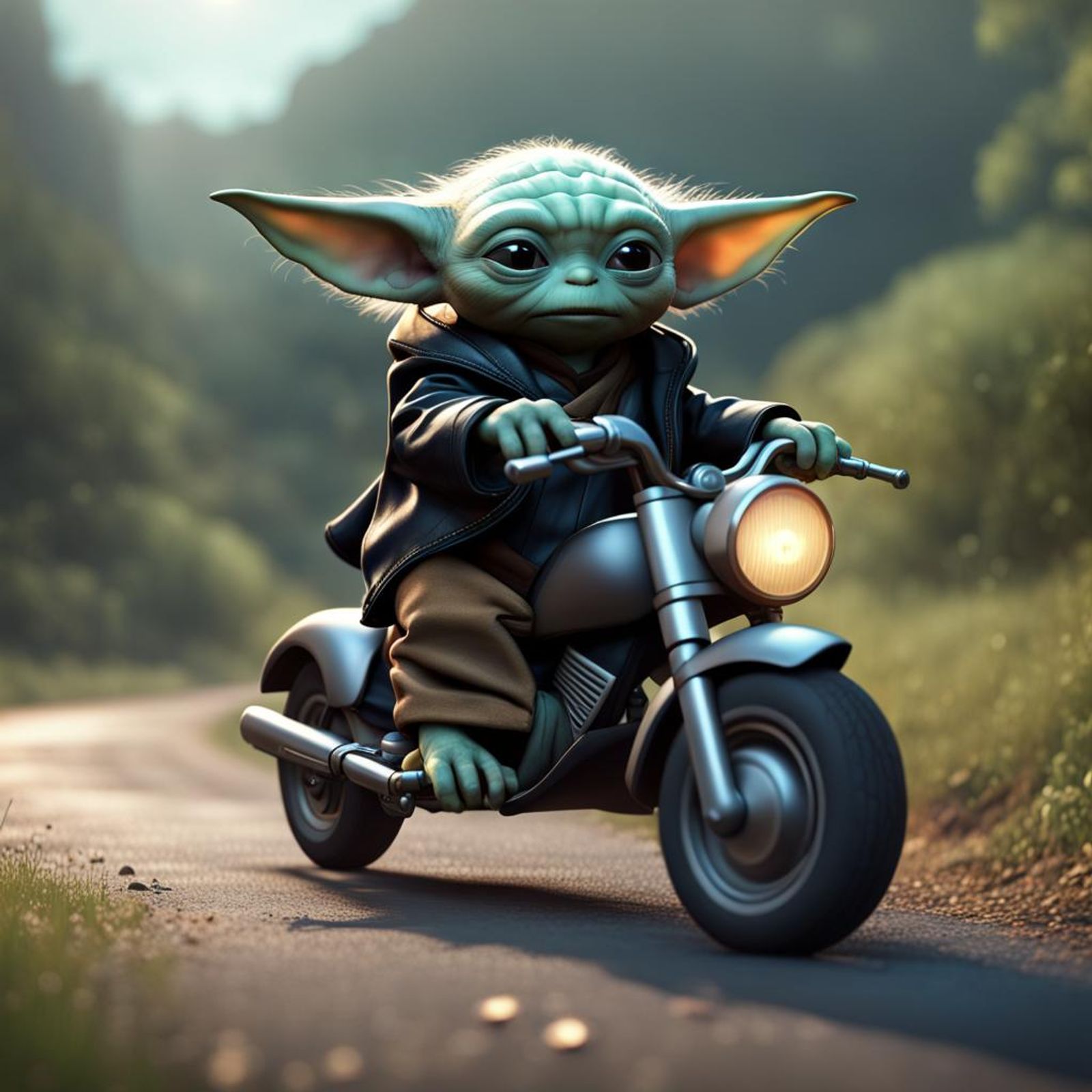 Life is Rough: Baby Yoda Riding Out His Stress on a Motorcycle - AI