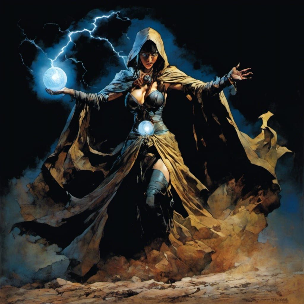 Female mage holding a ball of lightning, standing in a swirl...