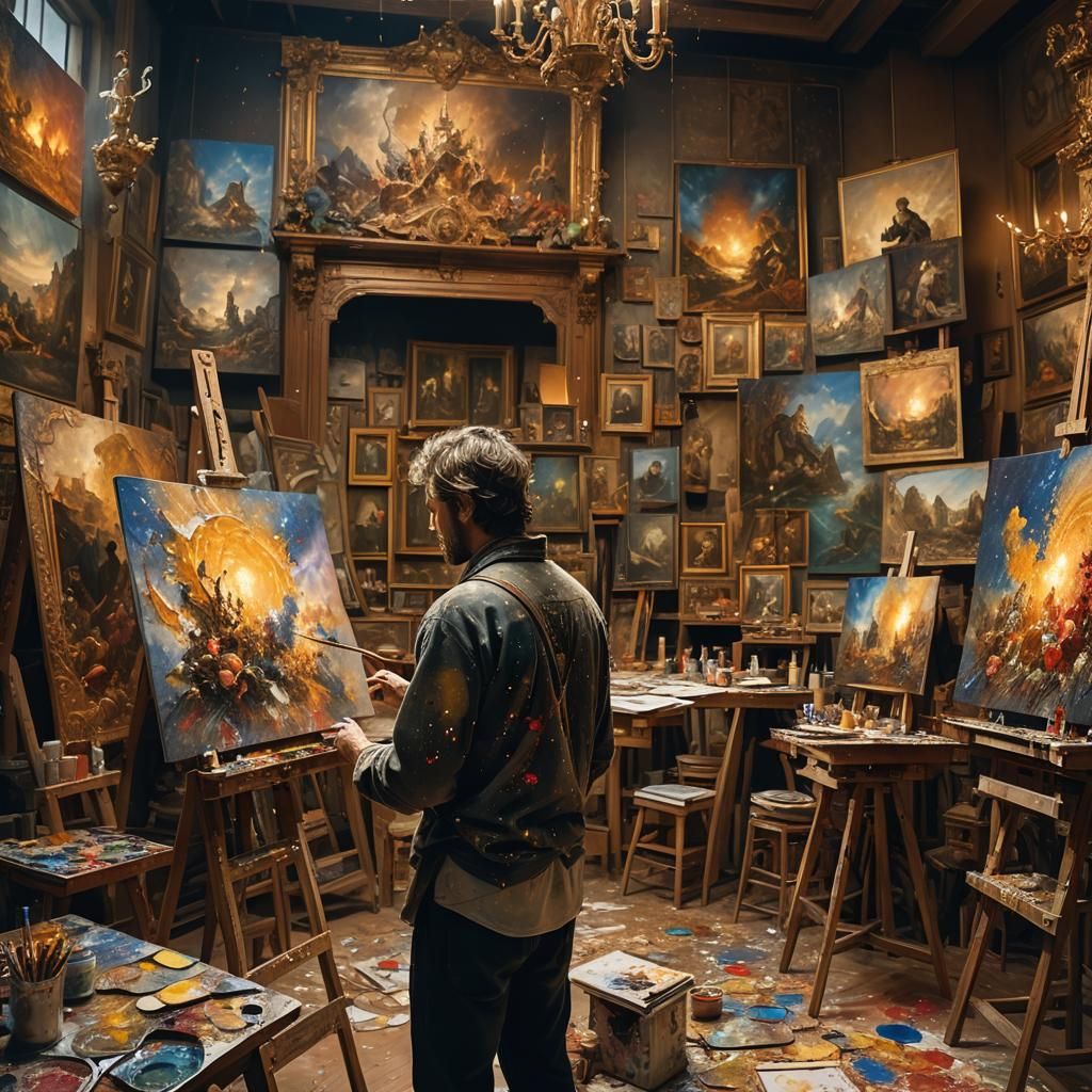 Painter in Ornate Studio with Self-Portrait, Detailed Matte ...