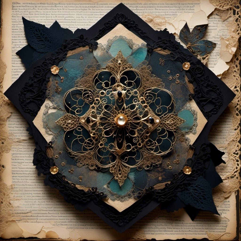 A gorgeous dark Dixit_game_card <lora:Collage Machine 2:1.0> collage pronounced_layer_shadows :: Silhouettes :: antique_photographs:: lace :...