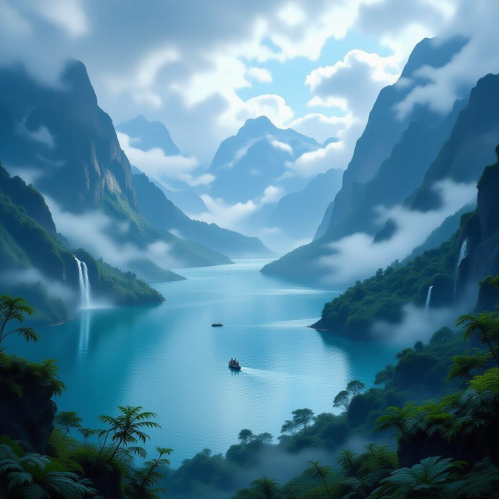 Misty Giant Lake in Mountain Valley with Primordial Flora