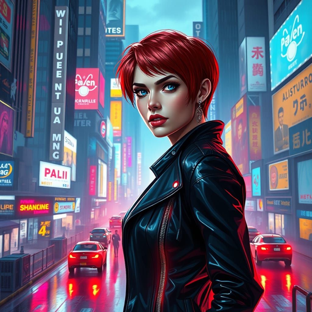 Cyberpunk Woman in Neon Cityscape