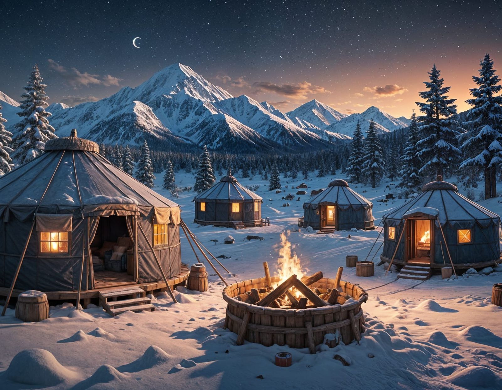 A warm Mongolian campfire surrounded by snow-covered yurts  by @Harmanna