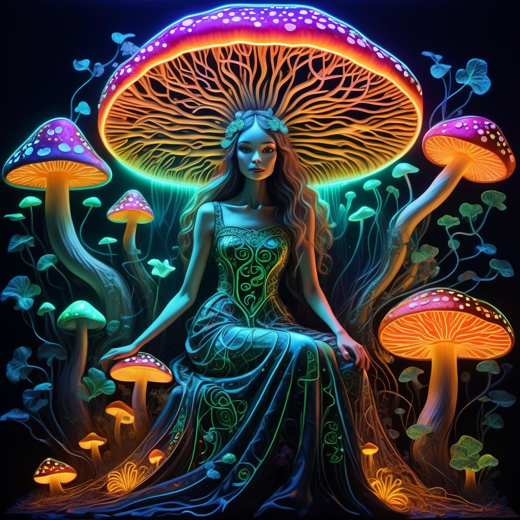 Neon blacklight anthropomorphic mushroom fungus woman full body portrait high contrast neon lights sitting ...  by @SpAzZz
