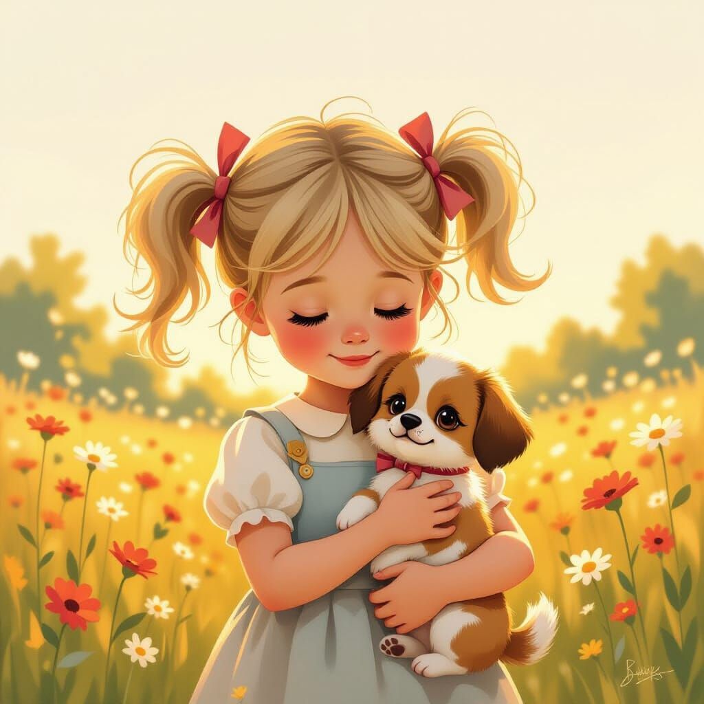 Girl with Pigtails and Dog in Golden Hour Meadow