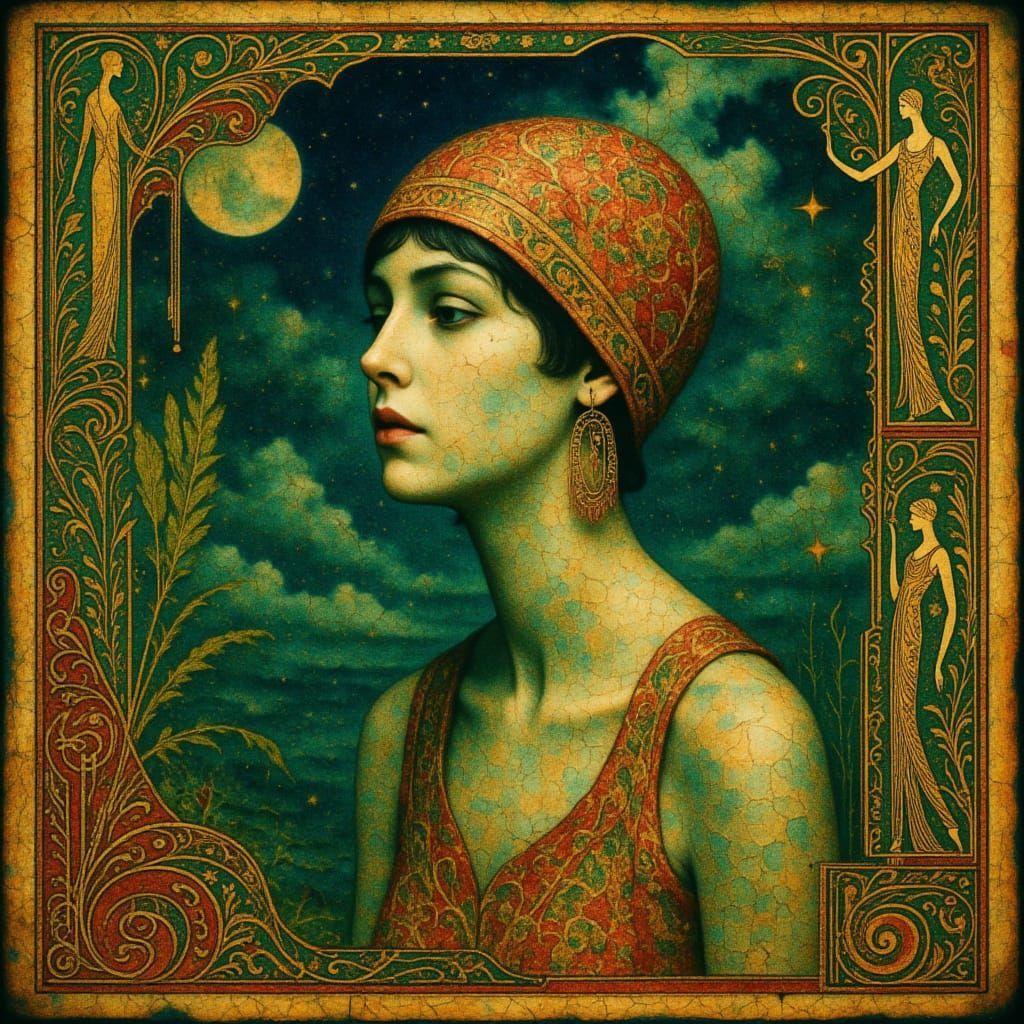 techno Surreal Mosiac Goddess in creative blend of realism barcode artwork and Cubism effects;  <SPACE APART S P A C E  A P A R T  S  P  A  ...