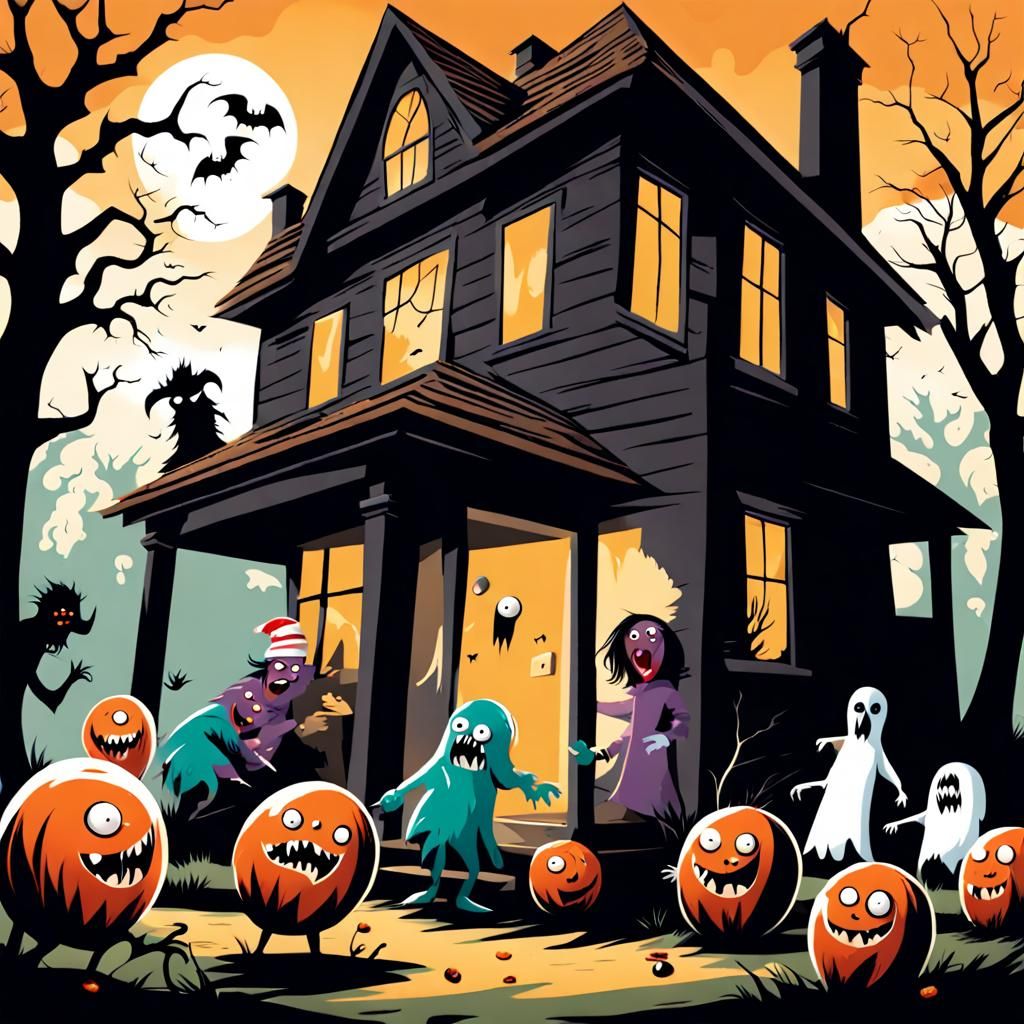 Monster trick or treaters  throwing  eggs   a house  and doi...