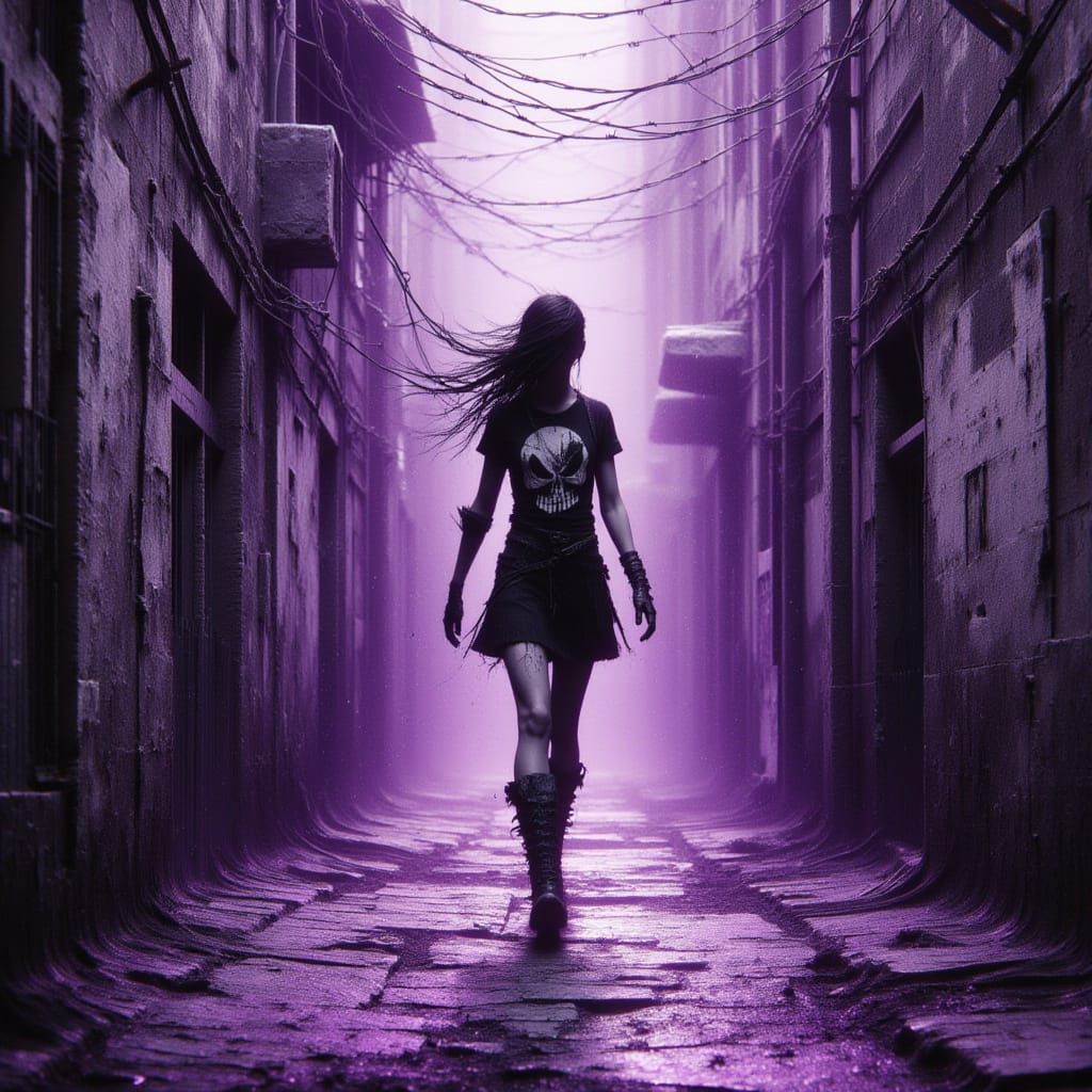 Beautiful French woman punky-styled, Dynamic_walking_pose, weathered typical old French town with electrical wires.Wearing short skirt,long ...