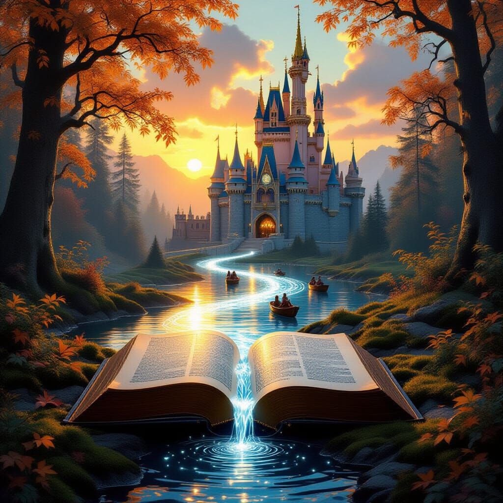 Glowing Book Creates Light Path to Fairytale Castle at Sunse...