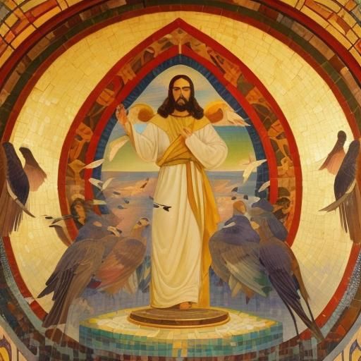 a painting of jesus surrounded by birds and water, a mosaic ...