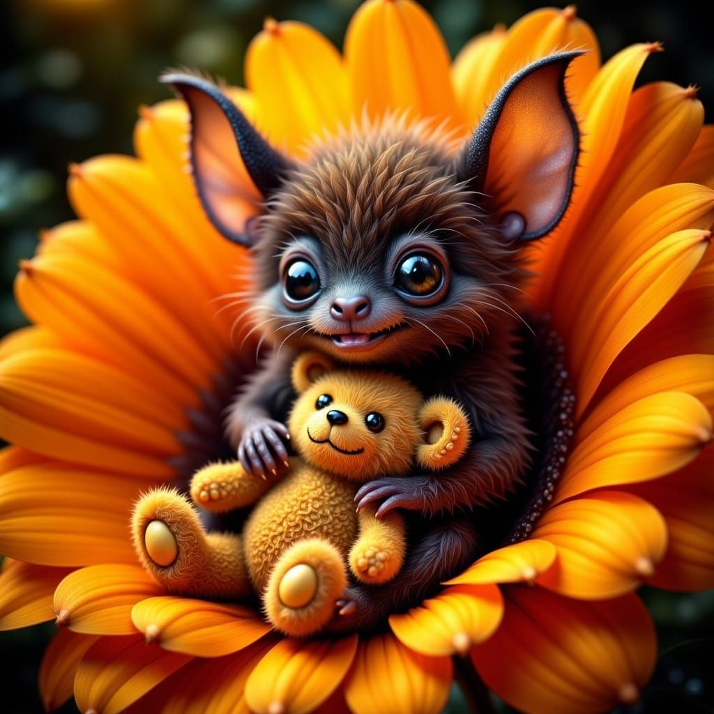 newborn micro smiling furry baby Bat sitting in an orange flower; he is hugging a teddy bear; micro; <lora:Flux Furry Fantasy:1.0> macro pho...