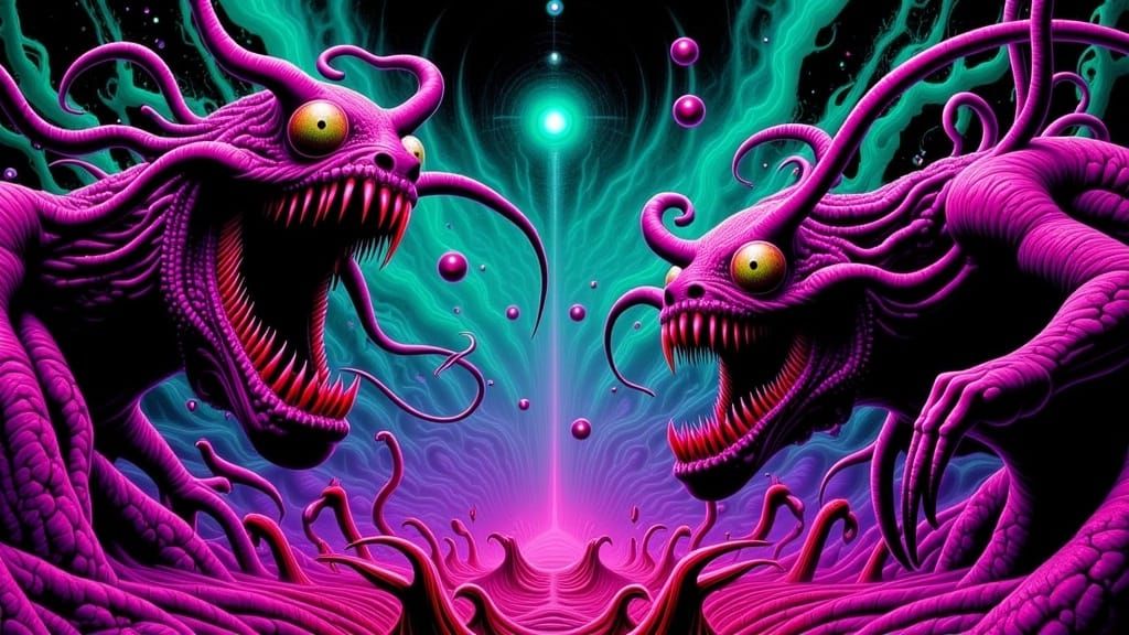 LSD - DMT - Demons ,trippy terrifying absurd, horrifying Ineffable terror, a colorful rough Neon artwork by junji Ito, Simon Stalenhag, Alex...