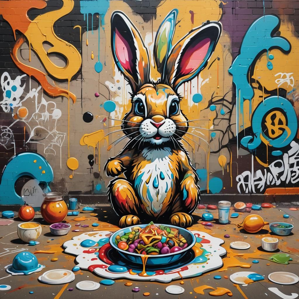 Cute Rabbit Eating Jewish Food in Graffiti Art
