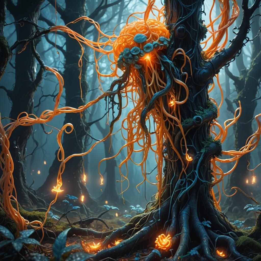 Ethereal Forest: Giant Hand Releases Glowing Spaghetti