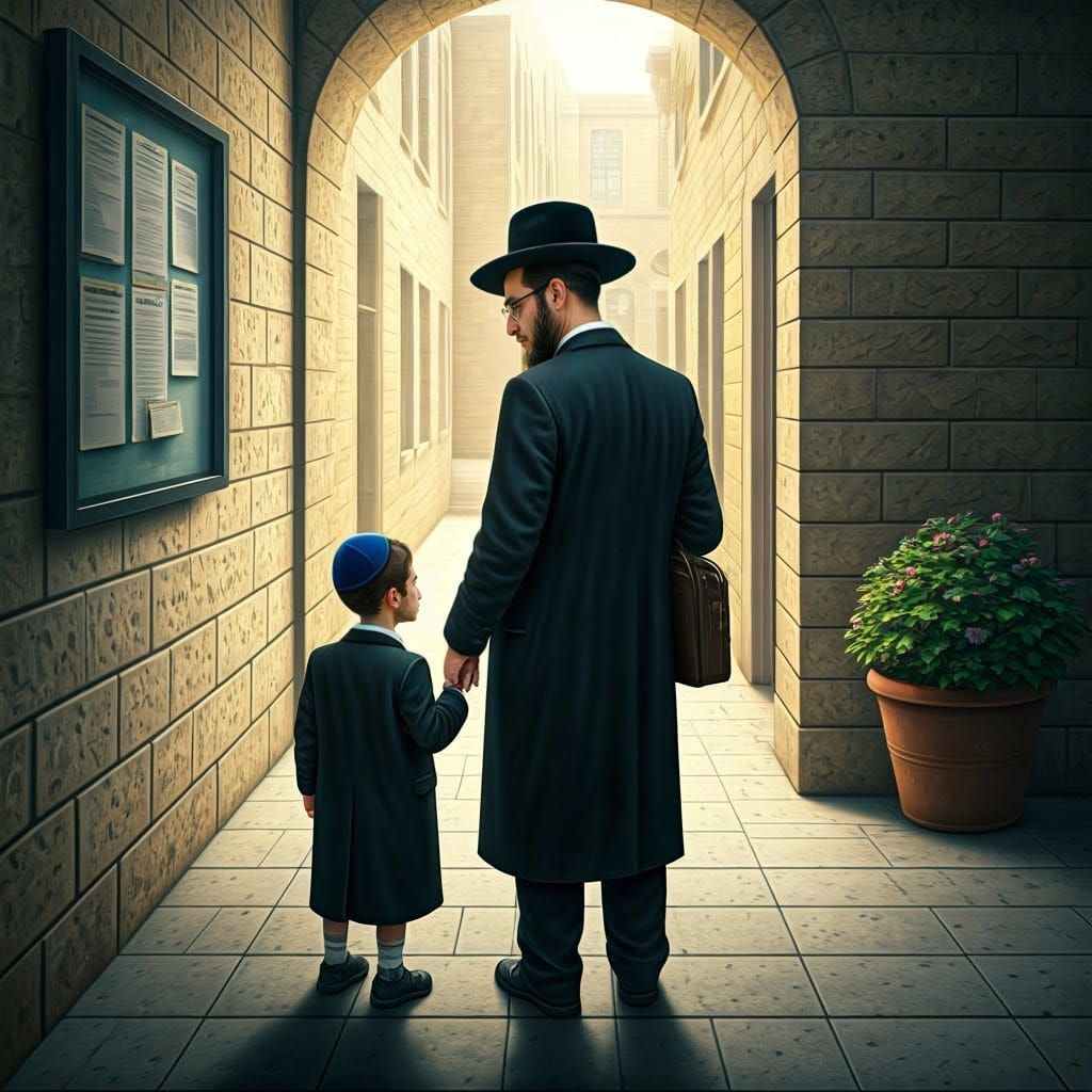 Orthodox Jewish Haredi Father Waits with Son in Morning