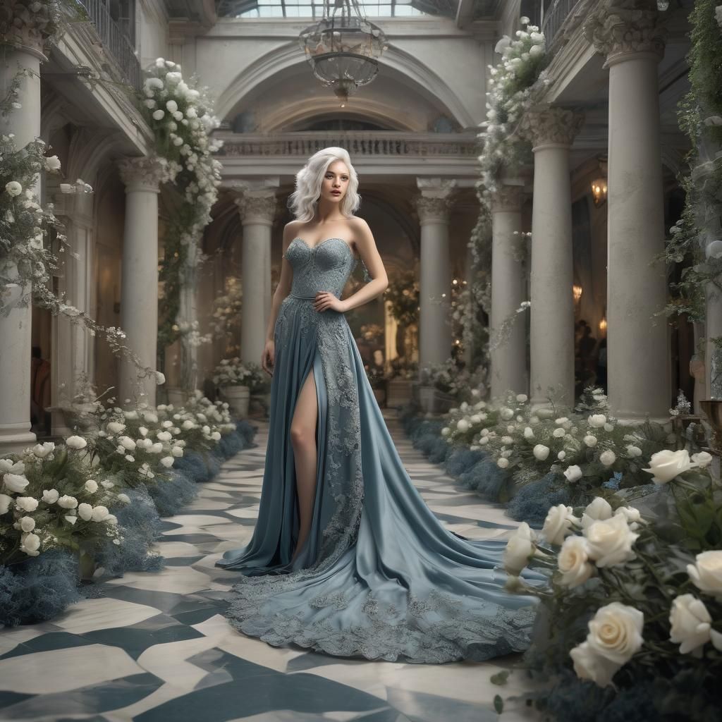 Water Color Female Silver Hair teal Chiffon gown floor lengt...