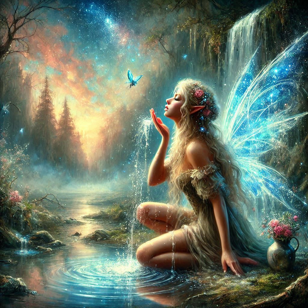 A beautiful fairy washing her face in a magical river