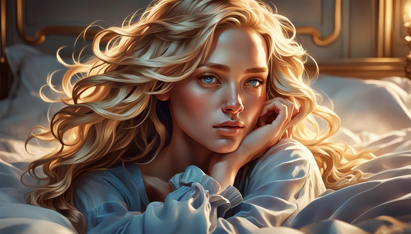 Gorgeous model, wavy blond hair, bed, beautiful lighting, he...