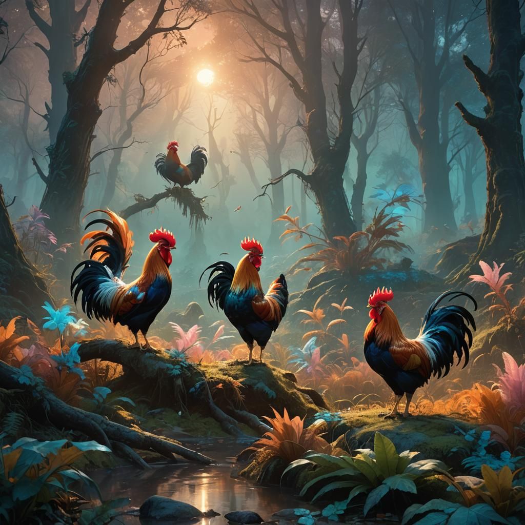 Roosters Awaken Dawn in Mystical Forest: Fantasy Art