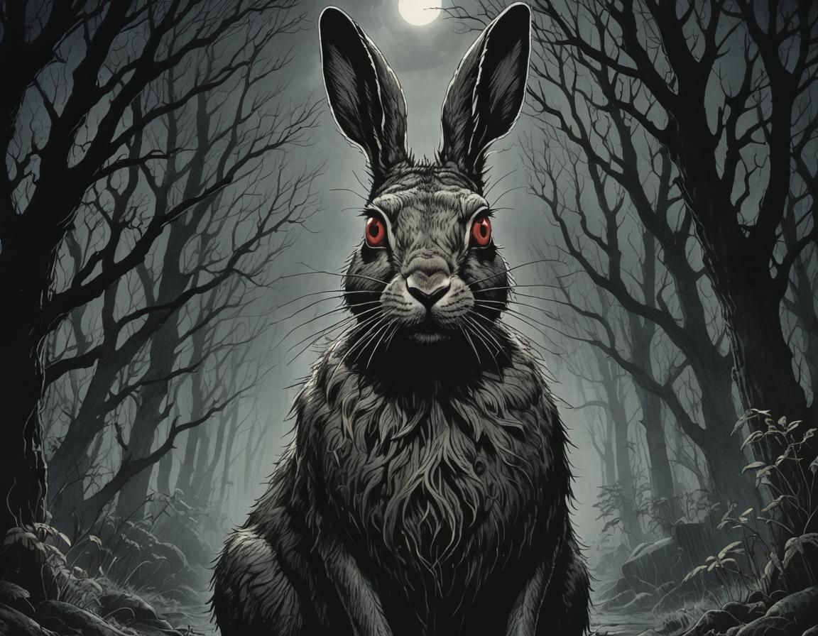 Mystical hare, horror, dark, gloomy horror lighting, by Junji Ito - AI ...