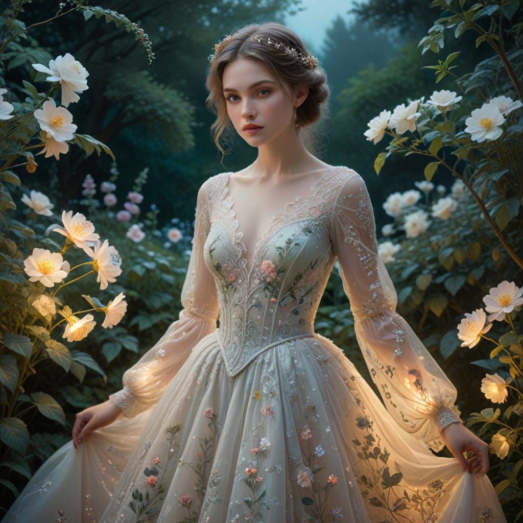 Elegant Woman in a Dreamy, Moonlit Garden