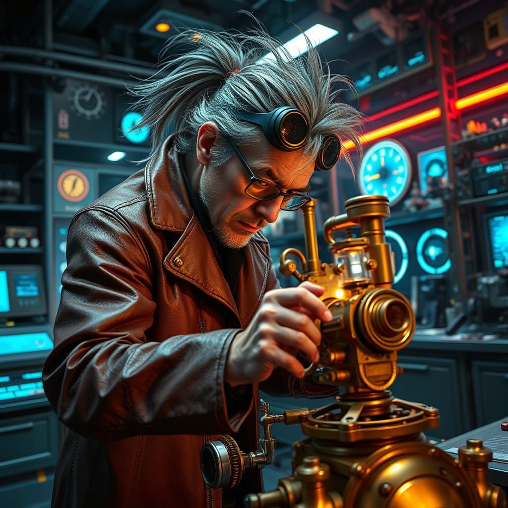 A mad scientist steampunk  piecing together a fantastical machine in A futuristic lab where a high-tech ...  by @jeduardocwb