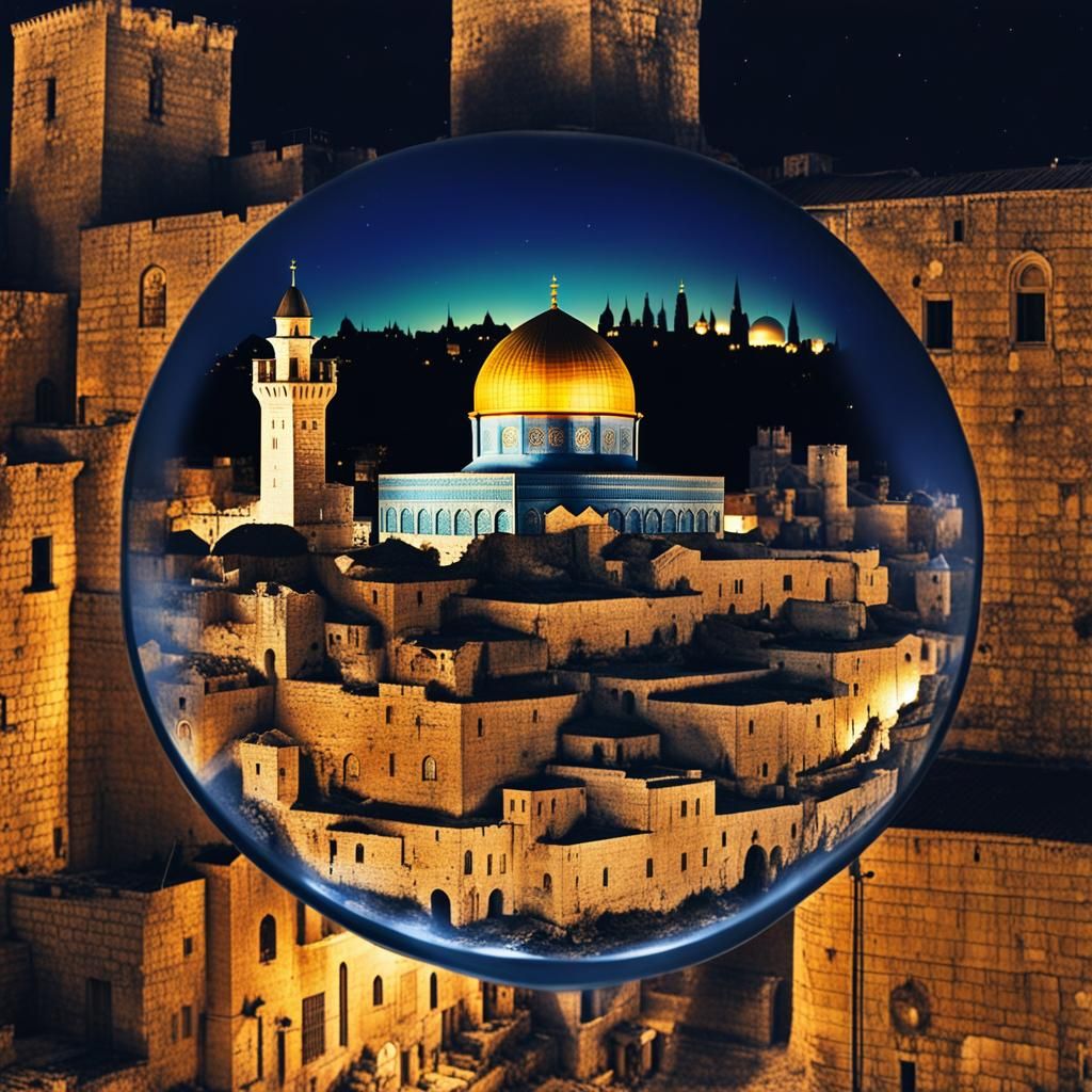 Jerusalem at night, inside a light bulb, the background of t...