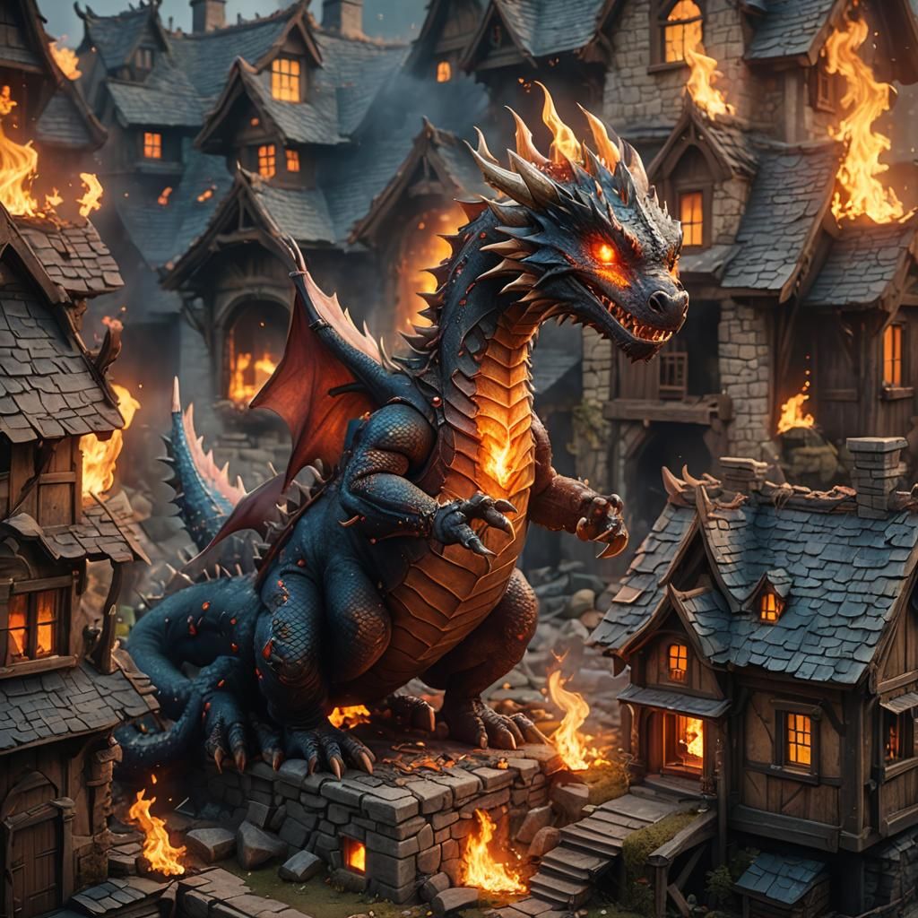 A  cute  miniature dragon burning down a house 