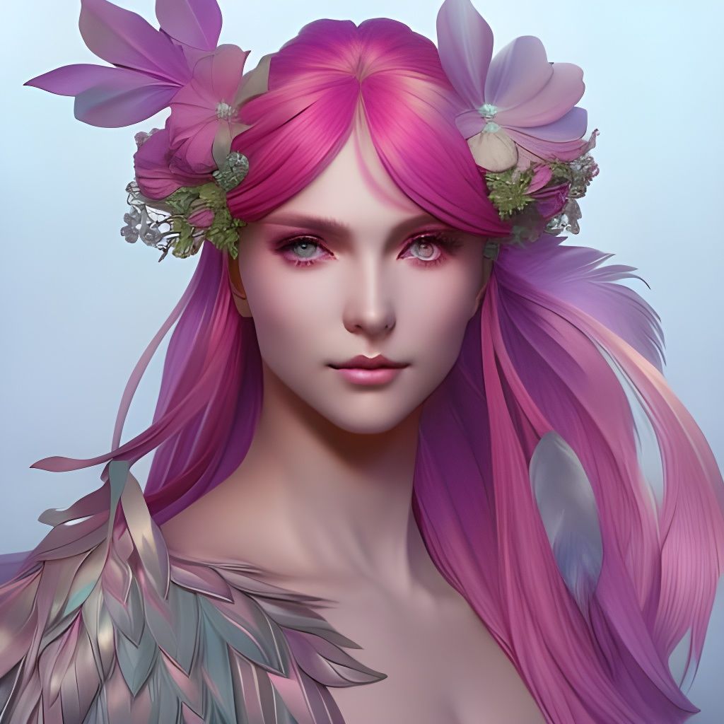 girl with pink hair, flowers in hair, rainbow colored clothe...