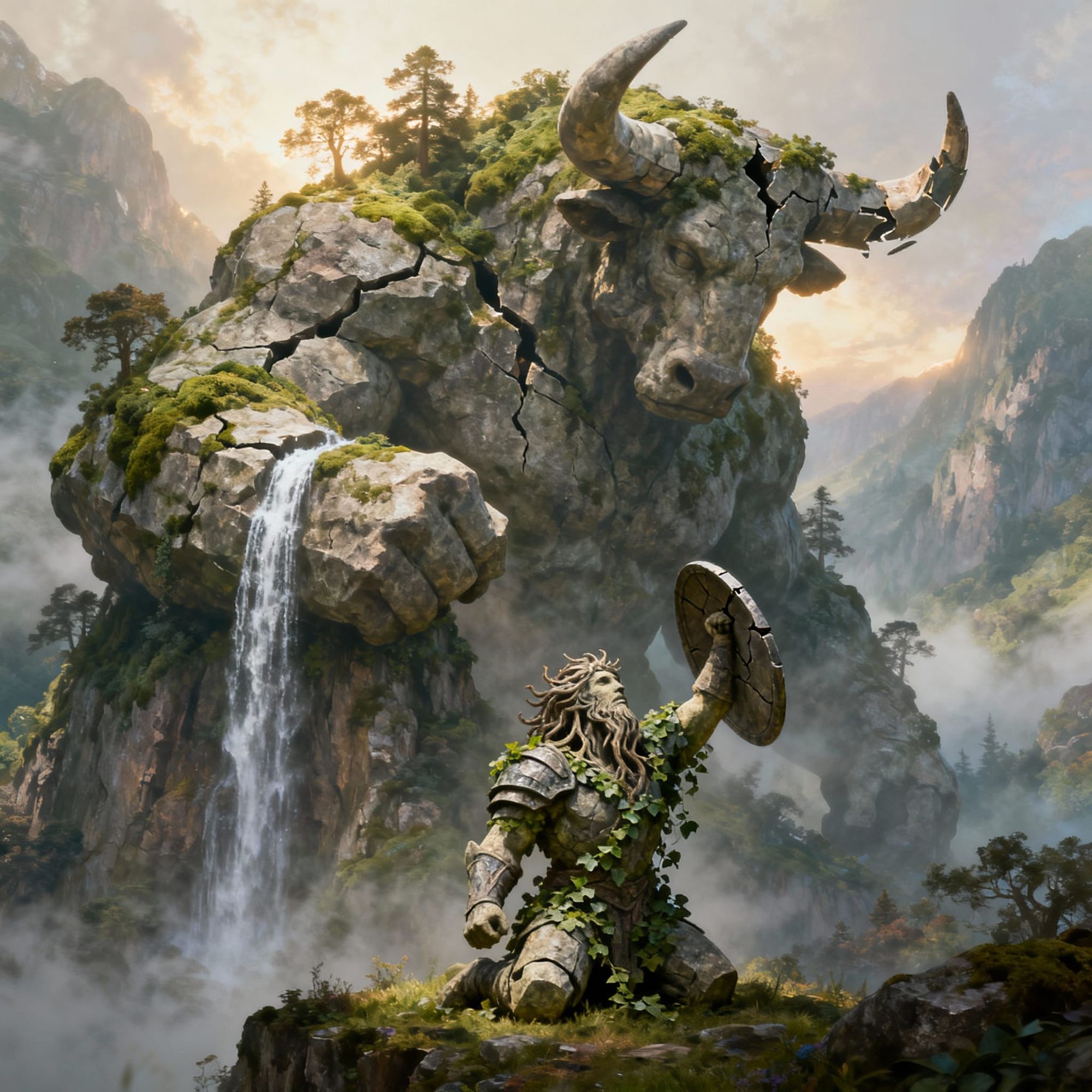 Deep within an ancient mountain valley stand two colossal stone relics — once living beings, now timeless monuments fused into the earth its...