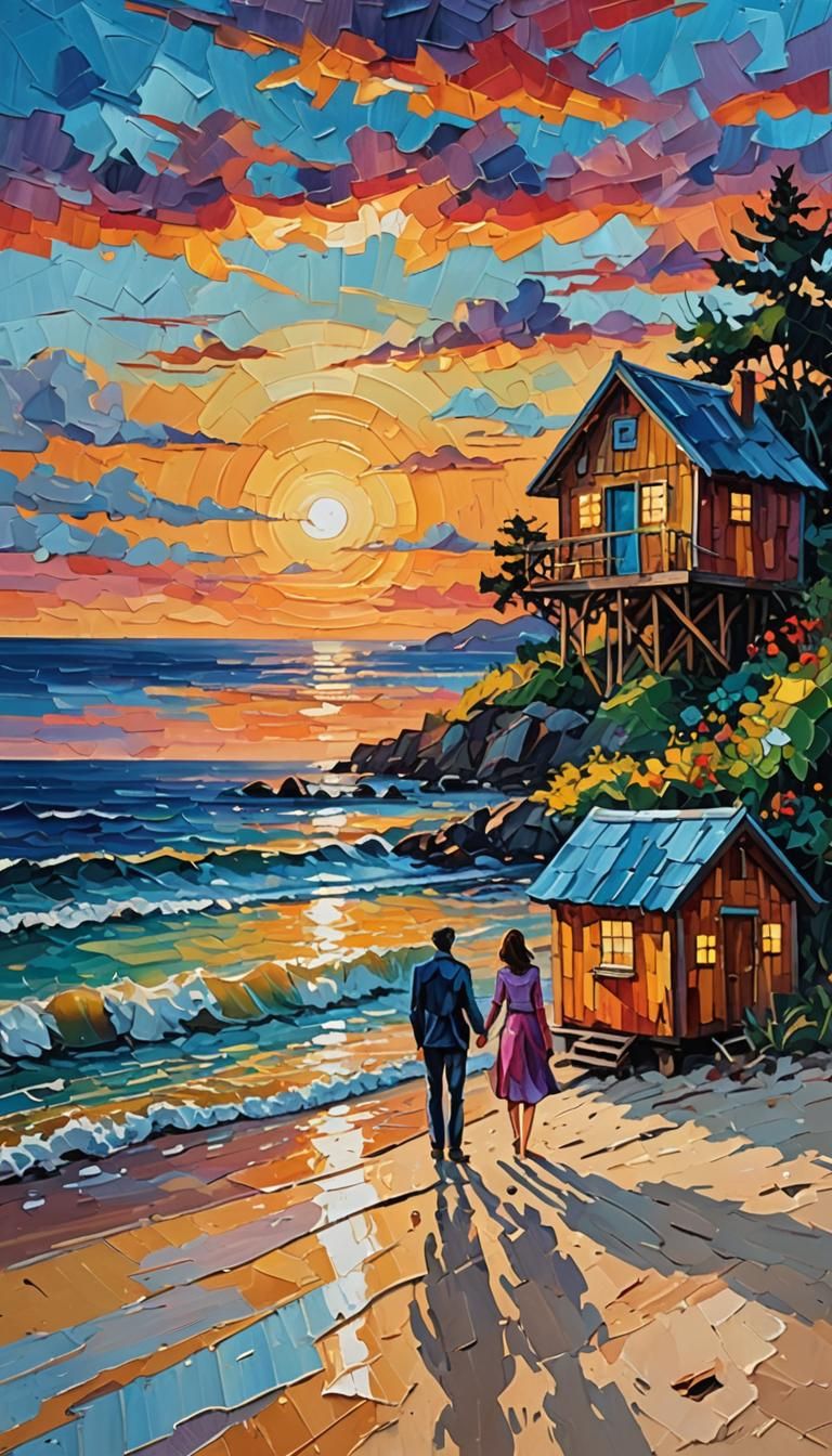 couple on the beach, wooden house, sunset  by @undefined
