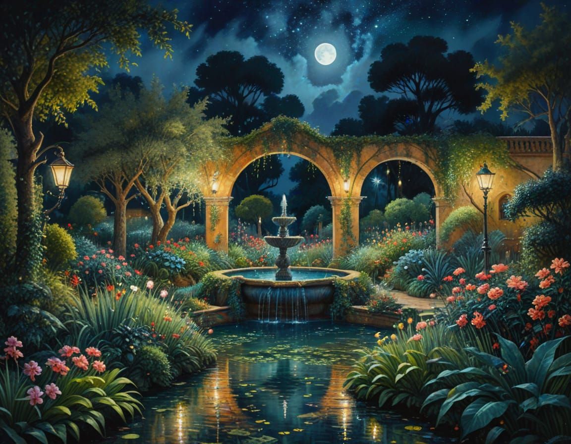 Moonlit Masterpiece: Secret Italian Garden in Gouache