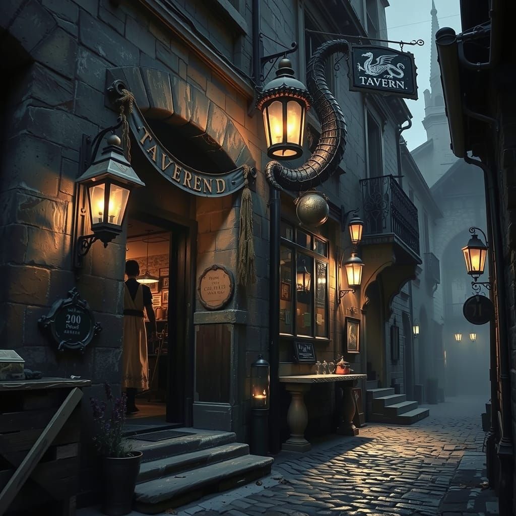 A narrow cobblestone alleyway in a medieval town, dimly lit by flickering lanterns. Mist curls between the stone walls, shadows hint at hidd...