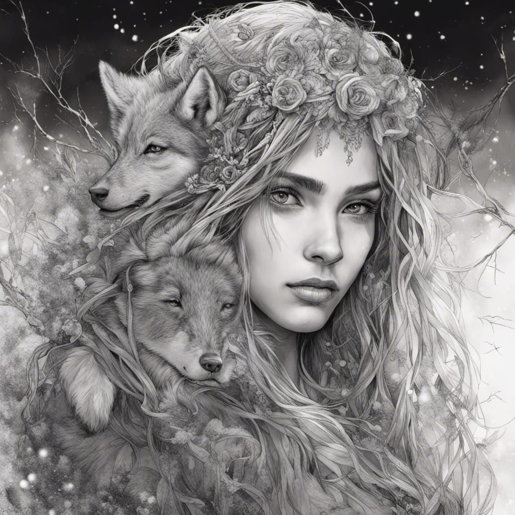 Black And White Ink Drawing Portrait Beautiful Girl Tangled Hair Wolf Pretty Grey Eyes Snows 9643