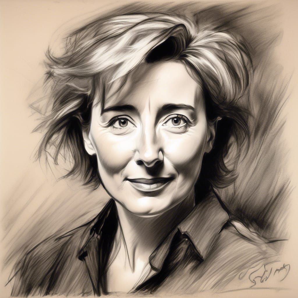 Emma Thompson, portrait in charcoal