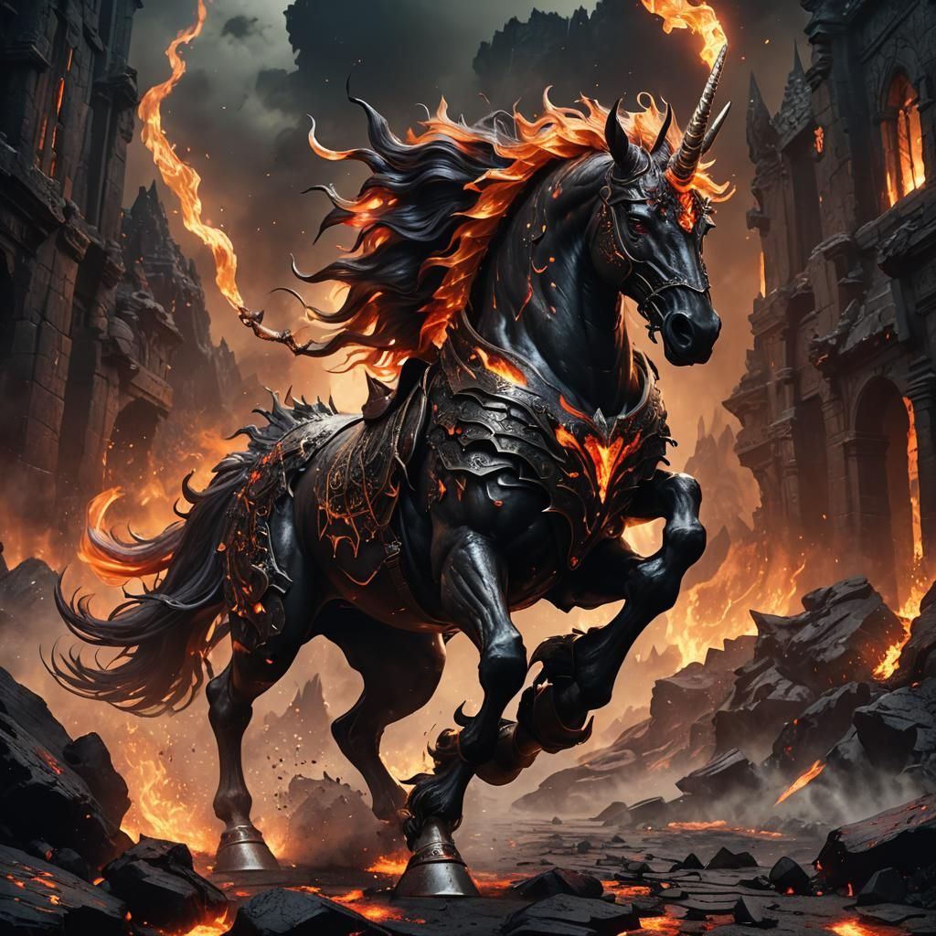 demon unicorn apocalypse with flame mane and tail running fr...