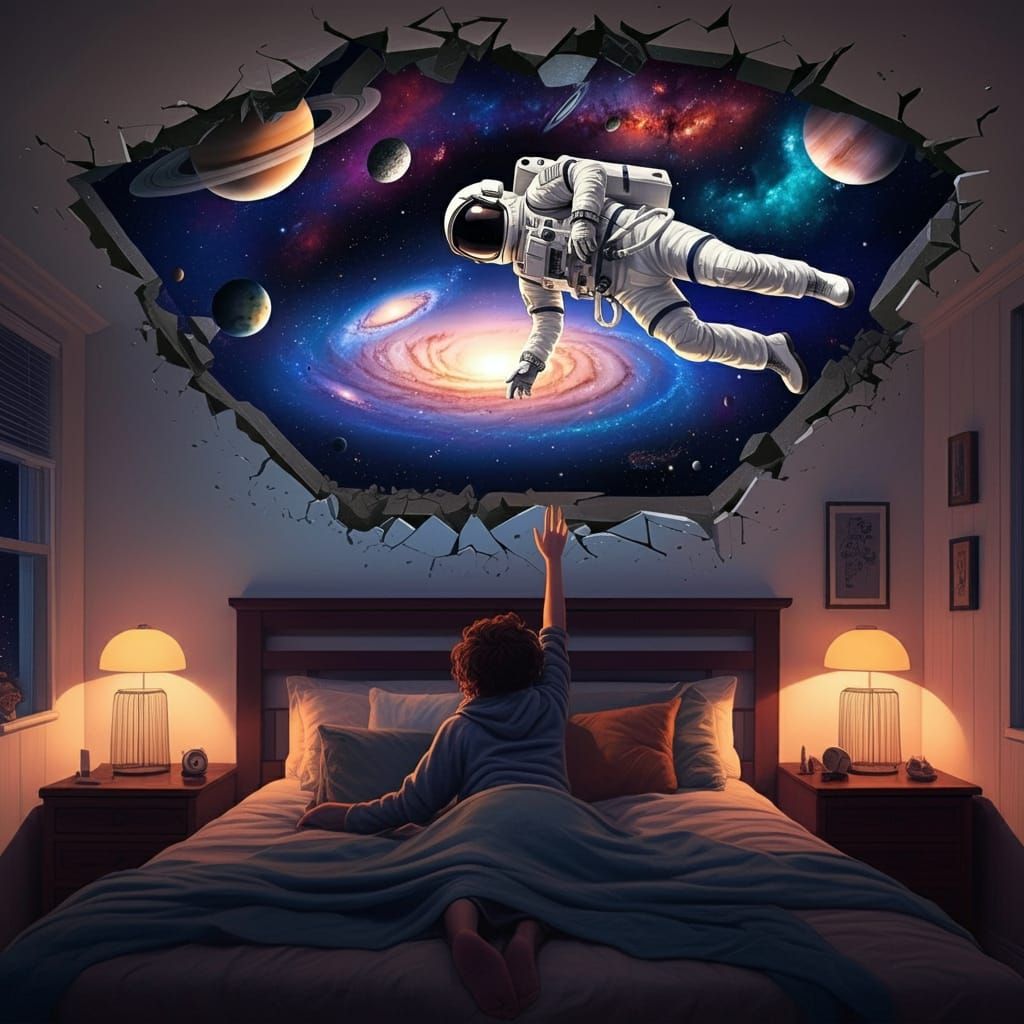 Kid reaching surreal astronaut in space on bedroom ceiling h...