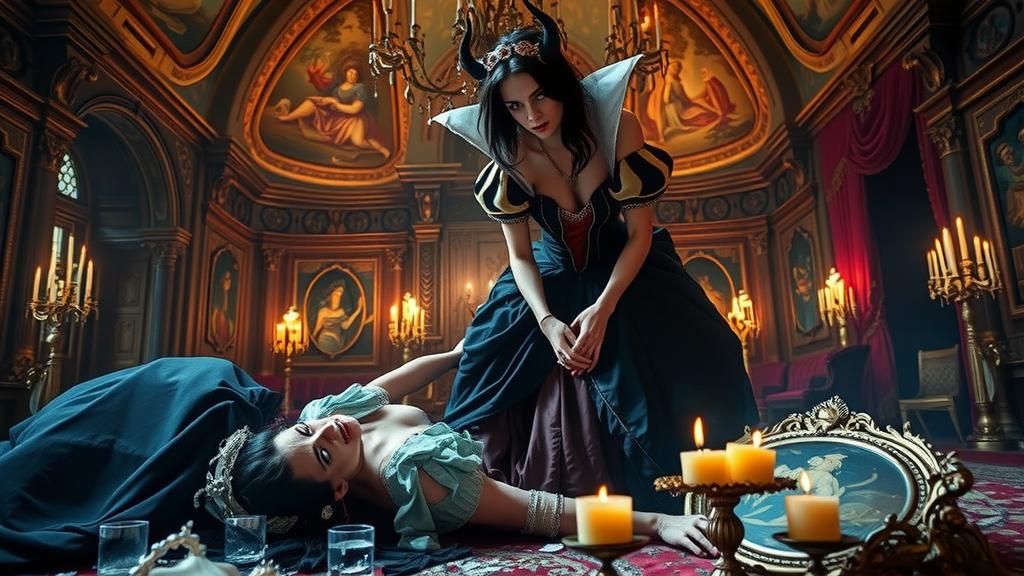 Evil Snow White gloats above her beautiful kind stepmother