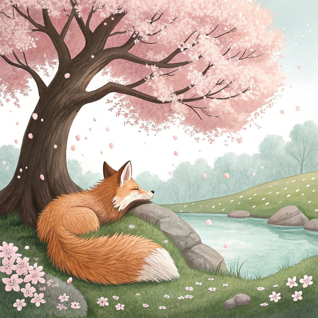 Fox Resting Under Sakura Tree in Anime Style