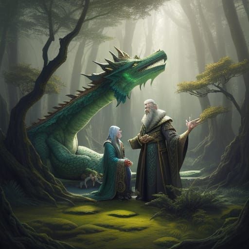 Wise Wizard and Young Dragon in Mystical Forest