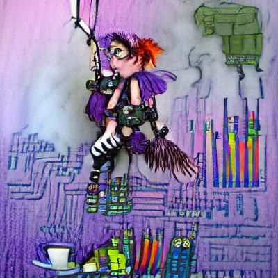 gothic pixie; cyberpunk Pippi Longstocking eating dyes (mech...