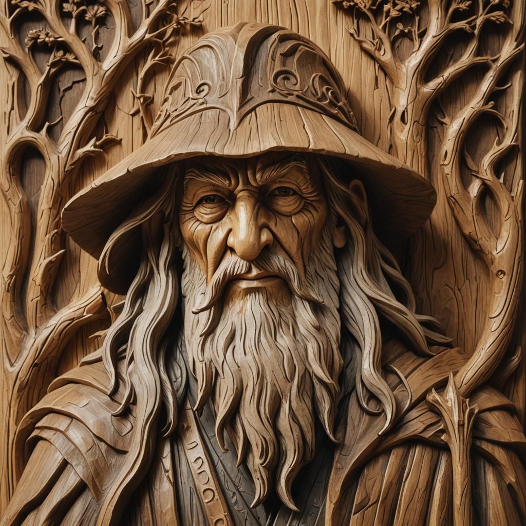 Gandalf as Intricate Wood Relief Sculpture
