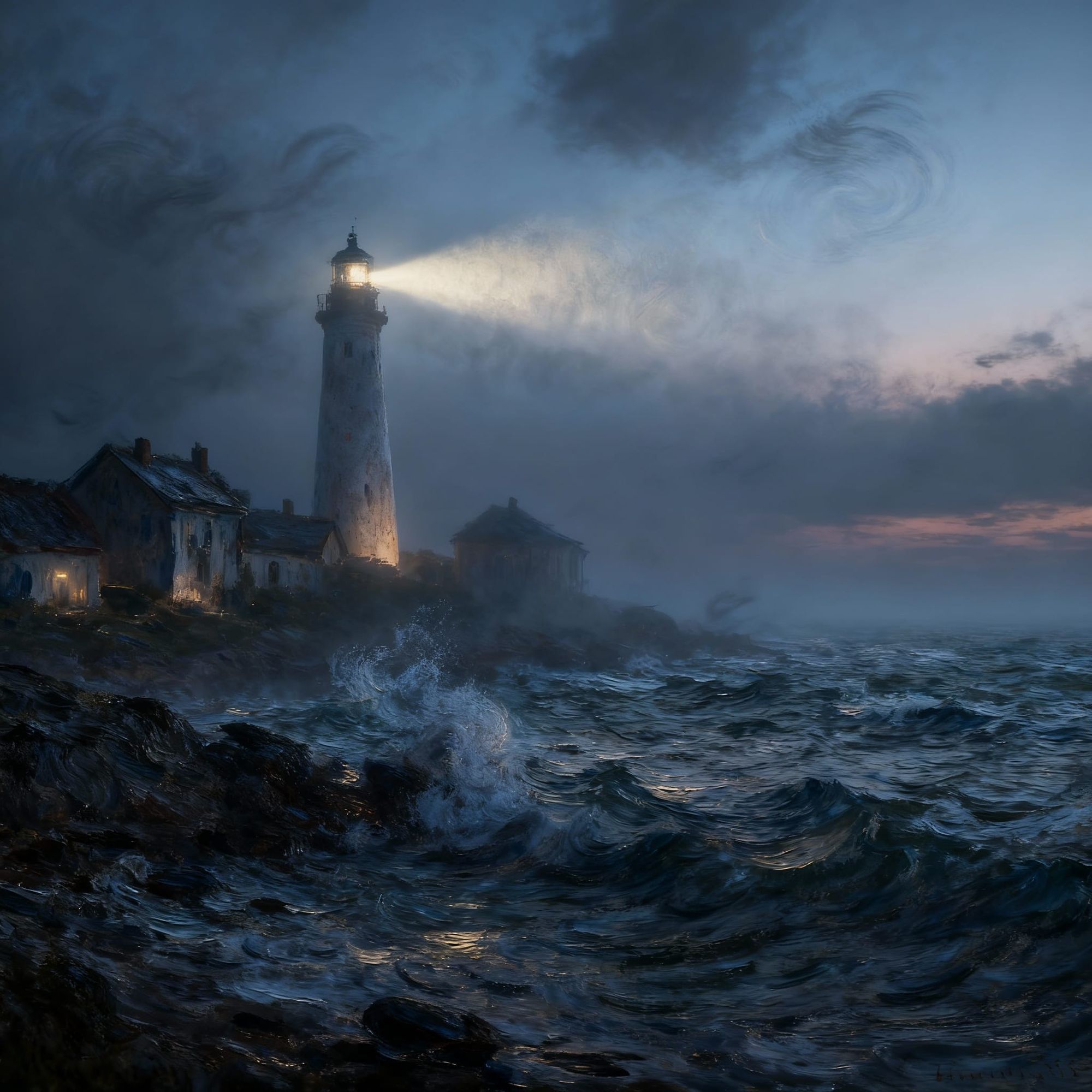 Impressionist oil painting. A windswept coastal village at dusk, with a single lighthouse beam cutting through the fog. Solitude. Painterly ...