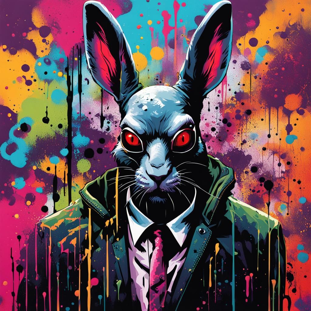 Matrix neo but a rabbit man, evil, scary, demonic, angry
