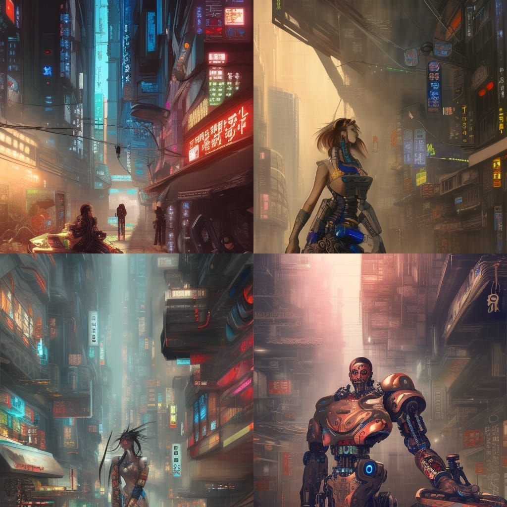 cyborg street vender, post-cyberpunk, fierce, detailed, high...