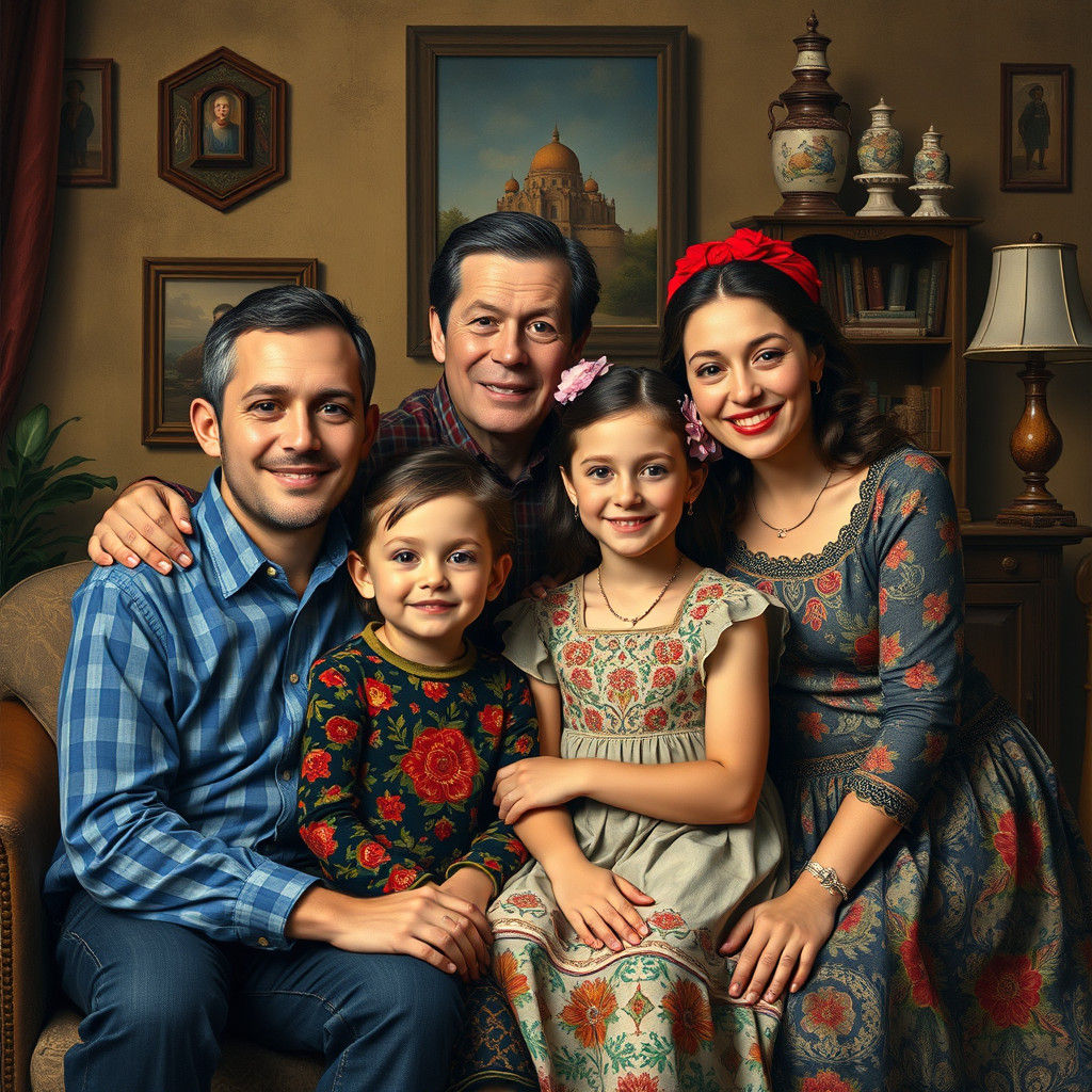 Family Portrait in Folk Art Style