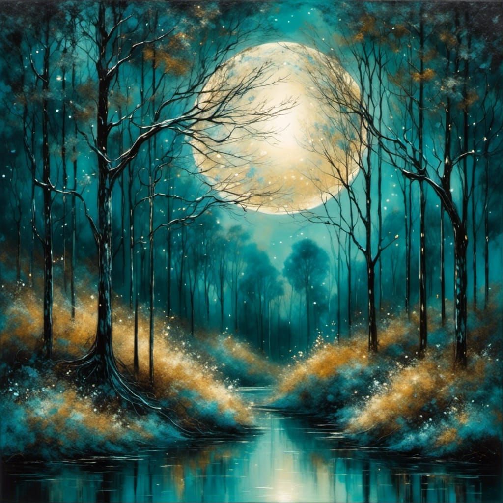 Moonlit Forest Path in Cubist Orphism Style