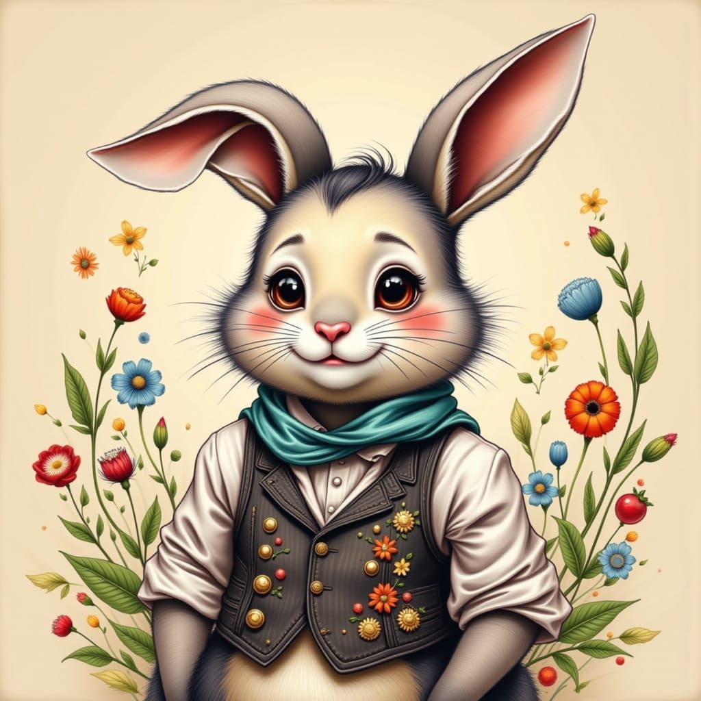 <lora:Bad Bunny:1.0> <lora:Whimsy Flux:1.0> <lora:Flux Caricature:1.0> <lora:Black:1.0> "adorable cute bunny tailor"