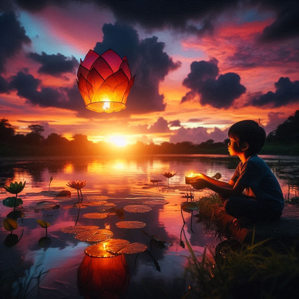 Lotus luminary over lily pond